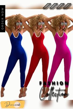 Sexy Solid Color Backless Sport Halter Jumpsuit Trendy Stretch Sleeveless One Piece, Trendy Stretch Jumpsuits And Rompers For Club, Trendy Sleeveless Stretch One Pieces, Summer Club Jumpsuits And Rompers, Pink Stretch One Piece For Party, Pink High Stretch Jumpsuits And Rompers For Summer, Pink Summer Jumpsuits And Rompers With High Stretch, Trendy Sleeveless Party One Piece, Stretch Pink One-piece For Party