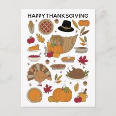 a thanksgiving card with turkeys, pumpkins and other items