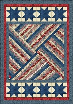 a quilt made with red, white and blue stars on it's border is shown