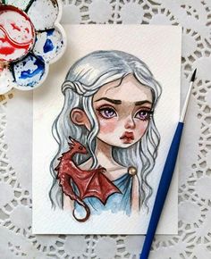 a drawing of a girl with white hair and blue eyes holding a red dragon in her right hand