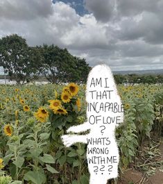 a field with sunflowers and a sign that says i am i incamble of love what's wrong with me?