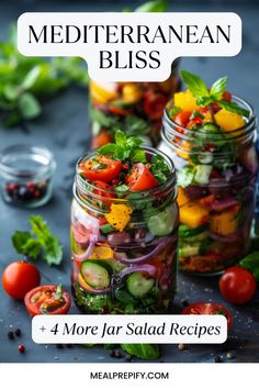 Mediterranean-style jar salads with vibrant layers of tomatoes, cucumbers, olives, and greens.