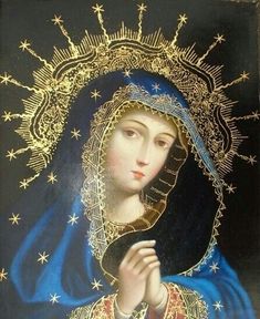 an ornate painting of the virgin mary with stars on it's head and shoulders