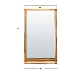 a wooden framed mirror with measurements for the frame and bottom section, showing the width