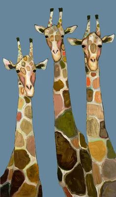 three giraffes standing next to each other in front of a blue sky