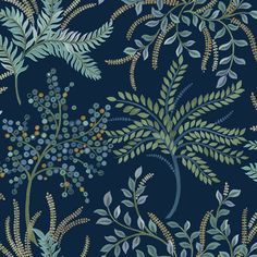 a blue and green wallpaper with leaves, flowers and berries on the bottom half of it