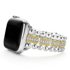 Created exclusively for your Apple Watch®, this watch bracelet is crafted from 18K gold superfine Caviar beading, diamonds and smooth sterling silver. Fits Series 1 through 10 Apple Watch® for the 38mm through 45mm sizes. Watch face sold separately. Luxury Diamond Bracelet Strap Jewelry, Luxury Diamond Bracelet Jewelry, Luxury Yellow Gold Jewelry With Polished Beads, Luxury Silver Jubilee Bracelet Watch Band, Timeless Diamond Bracelet Watch, Luxury Yellow Gold Jewelry And Watches With Bracelet Strap, Luxury Beaded Yellow Gold Jewelry, Elegant Gold Watch Band With Bracelet Strap, Elegant Adjustable Yellow Gold Watch Band