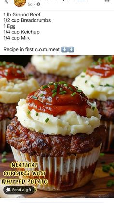 some food that is sitting on top of a wooden table with the words meatloaf cupcakes with whipped potato and ketchup