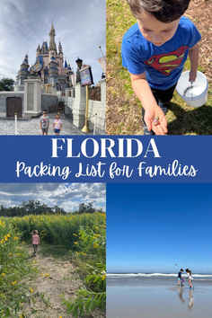 the florida packing list for families with pictures of people walking and playing in the water