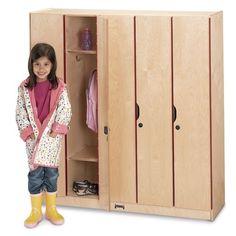 Keep coats and backpacks safe with these full-size lockable lockers! Spacious wood construction with 2 shelves and 2 double coat hooks in each section.Individually keyed for added safetyStore more - full-size provides more room for children's belongings2 double hooks in each section to hang jackets, backpacks, lunch bags and moreLockers must be attached to wall for stability48"W x 15-1/2"D x 50-1/2"HFully assembledLifetime guarantee   XE2621JC  locker  locker with doors  storage  5 section locke Cubbies With Doors, Lockers With Doors, Daycare Cubbies, Kids Locker, Daycare Rooms, Wood Lockers, Wooden Lockers, Plastic Storage Cabinets, School Locker