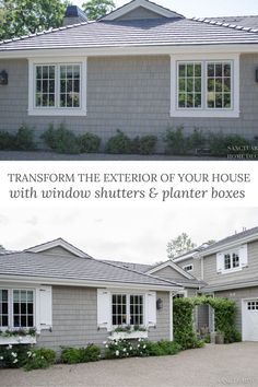 the exterior of a house with windows shutters and planters boxes on each side