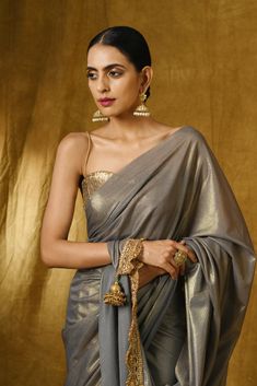 Shiny Saree, Sequence Saree, Chiffon Collection, Gold Foil Print, Shades Of Gold, Gold Lace, Chiffon Saree, Golden Color, Grey And Gold