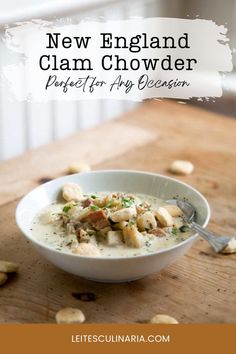 Silky white chowder studded with tender potatoes and succulent clams, topped with fresh parsley in a simple white bowl on a rustic wooden table.