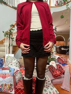 red caridgan, black mini skirt, sheer tights, boots Mini Skirt Winter Outfit, Red Tights Outfit, Mini Skirt Winter, Skirt With Tights, Colored Tights Outfit, Tights Boots, Winter Skirt Outfit, Sheer Tights, Winter Skirt