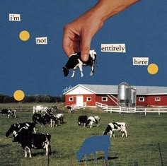 a hand reaching for a toy cow in the middle of a field with farm animals