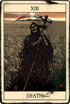 a tarot card with a skeleton holding a flag