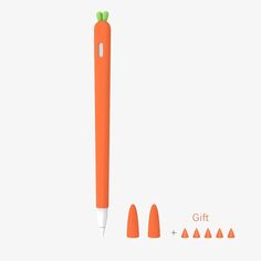 an orange pen is next to four smaller cones with the tip pointing toward it, and one has a green apple on top