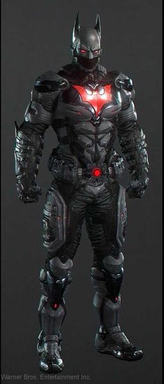 an image of a batman costume with red light on his chest and arms, standing in front of a black background