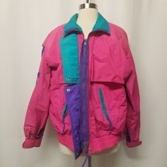 Vintage 80s Retro Hot Pink Turquoise Purple Winter Ski Jacket Coat Size Woman's Large Great used vintage condition, see pictures for signs of light wear 100% Nylon shell and lining Elastic at waist Velcro cuffs Side zip pockets Full zip closure Snap Front Collared or full zip Gusseted shoulders Colorblock designs Brand: Cabin Creek Warm Cozy Comfy Comfortable Sustainable Winter Snow Ski Apres Lodge Sledding Tubing Snowmobile Bright Retro Vintage 80s 90s y2k Barbie Celebrity 80s Winter Fashion, Ski Apres, 80s Windbreaker, Winter Schnee, Turquoise Rose, 80s Outfit, Turquoise And Purple, Favorite Sweater, 80s Retro