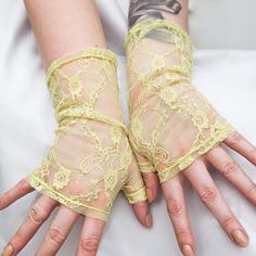 #Bridal gloves, Yellow gloves, Yellow floral bridal arm warmers, Yellow Lace gloves, stretch lace #wedding gloves, delicate lace gloves Fitted Lace For Summer Weddings, Fitted Crochet Lace For Party, Gloves Aesthetic, Yellow Gloves, Types Of Gowns, Stretch Lace Fabric, Formal Gloves, Wedding Gloves, Bridal Gloves