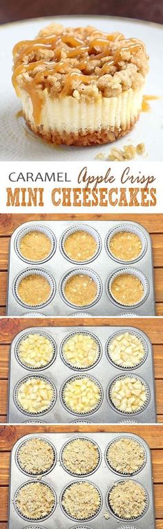 mini cheesecakes with caramel topping on top and in the middle, sitting on a plate