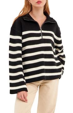 A striped, wool-kissed sweater levels up your laid-back look with bell sleeves and a nifty half-zip closure. Spread collar Long sleeves 50% polyester, 45% acrylic, 5% wool Hand wash, dry flat Imported Shea Mcgee, Zip Front Sweater, English Factory, Zip Collar, Half Zip Sweaters, Polo Sweater, White Sweater, Red Stripe, Chunky Sweater