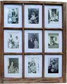 an old wooden frame with many pictures in it