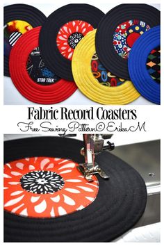 the fabric record coasters are being sewn together