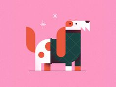 an illustration of a dog in a sweater on a pink background with snowflakes