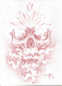 a drawing of a skull with flames coming out of it