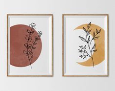 two framed art pieces with plants on them in front of a white wall and the moon