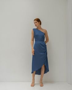 Celeste Slate Blue Satin Midi Dress / One Shoulder Tea Length | Etsy Vietnam Pre-draped Ruched Bridesmaid Dress, Pre-draped Bridesmaid Dress With Asymmetrical Neckline, Fitted Bodice Dress With Asymmetrical Neckline For Dinner, One Shoulder Pre-draped Ruched Midi Dress, Elegant One Shoulder Dress With Ruched Bodice For Spring, Elegant One-shoulder Dress With Ruched Bodice For Spring, Elegant One-shoulder Ruched Dress, Elegant One Shoulder Ruched Dress, Summer Dinner Dress With Asymmetrical Neckline