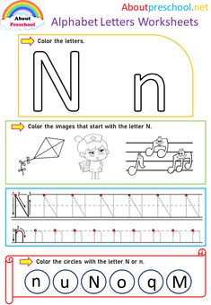 the letter n worksheet for children to learn how to write and draw letters