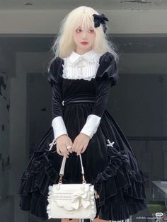 Goth Lolitas, Genshin Oc, Goth Things, Sell Dresses, Op Dress, Dark Dress, Classic Black Dress, Style Kawaii, Black Velvet Dress