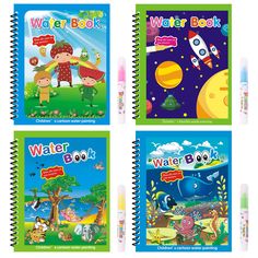 four children's books with markers and pens on them, including magic write book