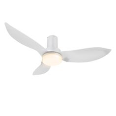 a white ceiling fan with a light on it's blade and two blades in the middle