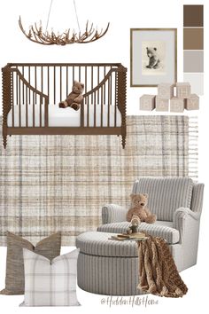 Rustic themed nursery mood board for a baby boys room! Bear Nursery Boy, Teddy Bear Nursery Theme, Bear Nursery Theme, Rustic Baby Boy Nursery, Teddy Nursery, Baby Boys Nursery, Baby Bear Nursery, Brown Nursery