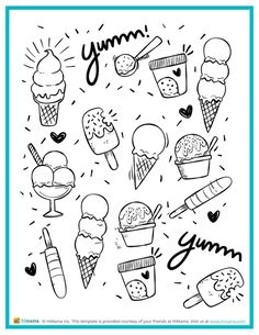 an ice cream coloring page with the words yummy written in black and white on it