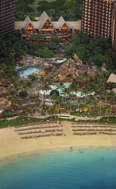 an aerial view of the resort and pool area