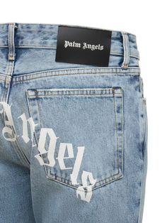 Find PALM ANGELS 17.1cm Logo Print Cotton Denim Jeans on Editorialist. Concealed front button closure. Printed back logo. Stonewashed coloring may vary. Five pockets. Model is wearing a size32 Designer Streetwear Bottoms With Five Pockets, Angel Man, Dope Outfits For Guys, Dope Outfits, Palm Angels, Logo Print, Blue Man, Printed Cotton, Levi Jeans