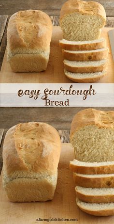 two pictures of bread sliced and sitting on a cutting board