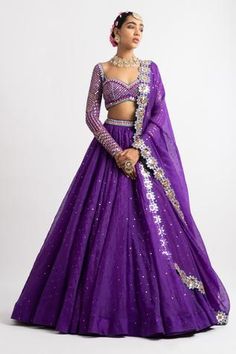 Shop for Vvani by Vani Vats Purple Organza Sequins Embroidered Lehenga Set for Women Online at Aza Fashions Sweetheart Neck Blouse, Vani Vats, Purple Lehenga, Mirror Border, Lehenga Dupatta, Organza Lehenga, Organza Blouse, Red Lehenga, Lehenga Designs