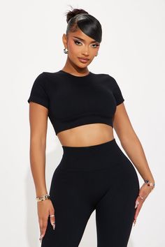 Available In Black And Slate Blue. Active Top Crew Neck Short Sleeve Cropped High Waist Yoga Pant Elastic Waistband Effortless Seamless High Impact Stretch 92% Nylon 8% Elastane Imported | Body Goals Effortless Seamless Active Set in Black size 1X/2X by Fashion Nova Black Crop Top With Medium Support And Seamless Construction, Black Crop Top With Seamless Construction And Medium Support, Solid Compression Crop Top With Seamless Construction, High Stretch Seamless Black Crop Top, Black High Stretch Seamless Crop Top, Black Seamless Tops With Built-in Bra, Solid Medium Support Seamless Crop Top, Black Seamless Crop Top With Medium Support, Stretch Crop Top With Seamless Construction