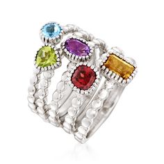 Ross-Simons - 2.50ct t. w. Multi-Gemstone Jewelry Set: Five Rings in Silver. Size 7. Our five playful rings can be worn as a rainbow set or as separate pops of color. The sterling silver stack includes 2.50 ct. tot. gem wt. of multi-shaped amethyst, citrine, garnet, peridot and Swiss blue topaz. 5/8" wide when worn together. Multi-gemstone ring set. Garnet birthstones are the perfect gift for January birthdays. Rings In Silver, Five Rings, Garnet Birthstone, Multi Gemstone Ring, 5 Rings, Swiss Blue Topaz, Multi Stone, Stone Jewelry, Blue Topaz