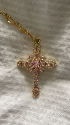 #aesthetic #fashion #necklace #cross #jewelry #pink #gold #chunkyjewelry Cute Cross Necklace Gold, Crystal Cross Necklace, Gold Cross Necklace Aesthetic, Cross Necklace Aesthetic, Pink Cross Necklace, Gold Necklace Cross, Cross Aesthetic, Quinceanera Jewelry, Xoxo Jewelry