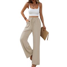 PRICES MAY VARY. Material: wide leg pants are made from a lightweight and breathable linen fabric, perfect for keeping you cool and comfortable in warm weather. Features: elastic high waisted pants, no adjustable drawstring, wide leg pants for women, women‘s beach pants, palazzo pants for women dressy, casual flowy pants, casual comfy pants, baggy lounge pants women Design: The high-waisted design cinches in at the waist, creating a flattering silhouette and providing a comfortable and secure fi Long Flowy Pants Outfit, Women’s Linen Pants, Cheap Wide-leg Beach Pants, Beach Pants Outfit, Greek Vacation Outfit, Versatile High-waisted Wide Leg Beach Pants, Flowy Wide-leg Beach Pants, Womens Dressy Pants, Resort Casual Attire Women