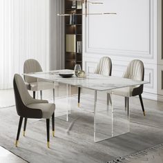 a dining room table with chairs and a book shelf in the corner next to it