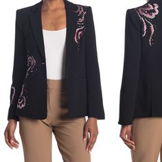 New Cinq A Sept Embellished Blazer Embellished Outerwear For Work, Chic Embellished Outerwear For Work, Spring Embellished Long Sleeve Blazer, Spring Embellished Fitted Blazer, Spring Embellished Outerwear For Work, Spring Embellished Workwear Outerwear, Chic Tailored Embellished Outerwear, Tailored Embellished Outerwear For Work, Tailored Embellished Spring Outerwear