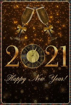 a happy new year card with two champagne glasses and the numbers 2012 in gold on a black background