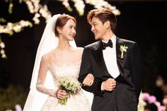 the bride and groom are smiling together